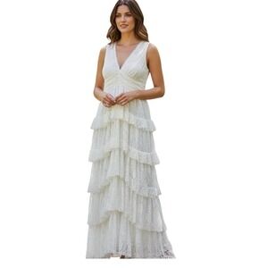 1. STATE Lace Sleeveless Tiered Maxi Dress VNeck, Color Ivory, Size 4